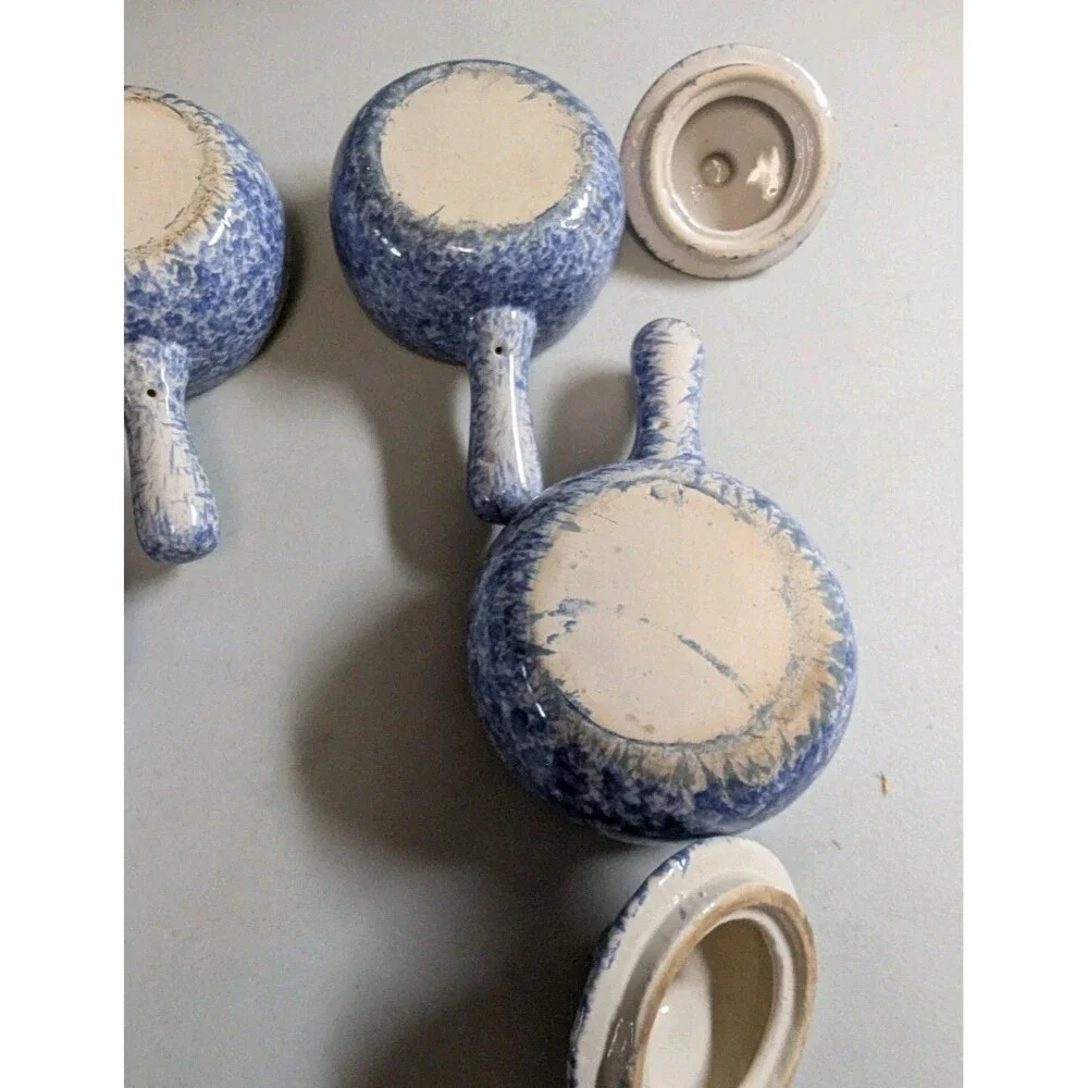 Vintage Bleu Co Gailst Blue Spongeware Lidded Soup Crocks - Set of 4 - Picture 7 of 15